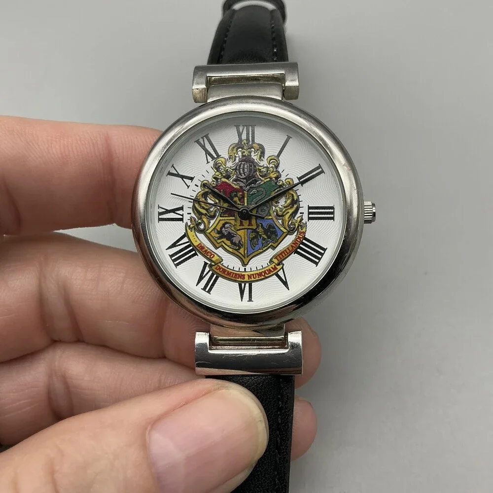 Harry Potter Teens Watch 36mm Hogwarts Crest Black Leather Silver Tone
